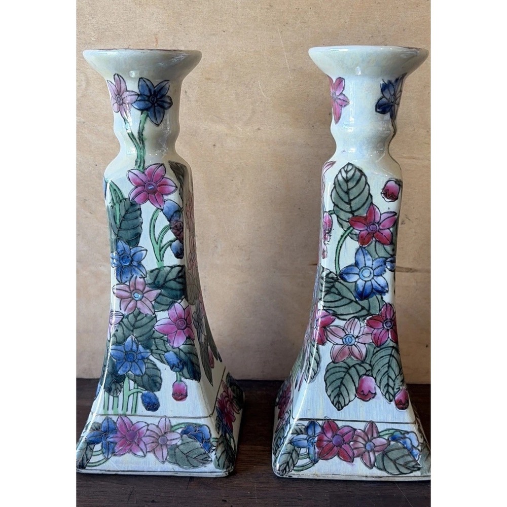 Vintage 80s Cottagecore Porcelain Chinoiserie Candlesticks – Floral Plum Blue